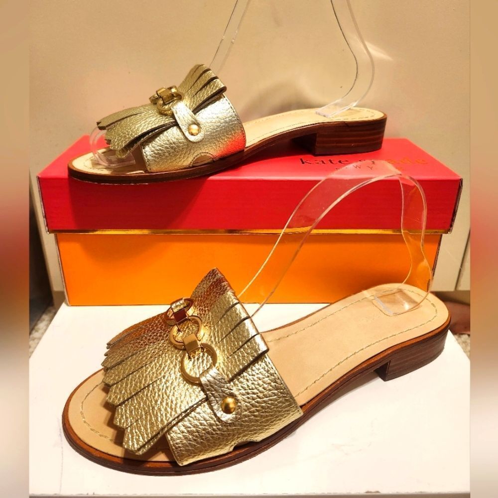 KATE SPADE NEW YORK Brie Gold Leather Slide Sandals Sz.8.5 Ret$249 w/Dustbag